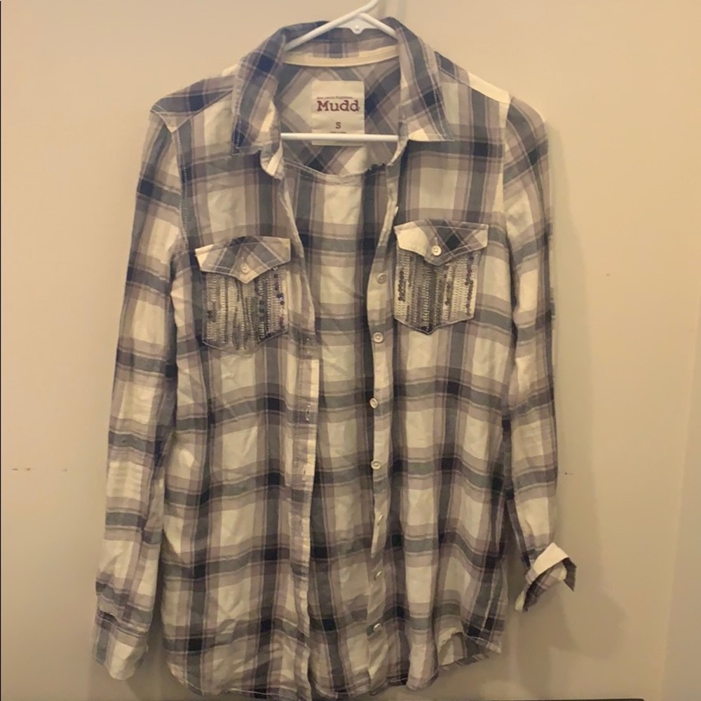 Button Down Flannel Sequin Button Down Plaid Shirt - image 1